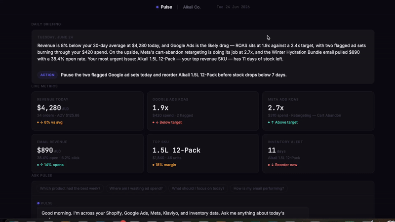 Screen recording of the Pulse BI dashboard showing unified revenue, ad spend, and order data using demonstration data