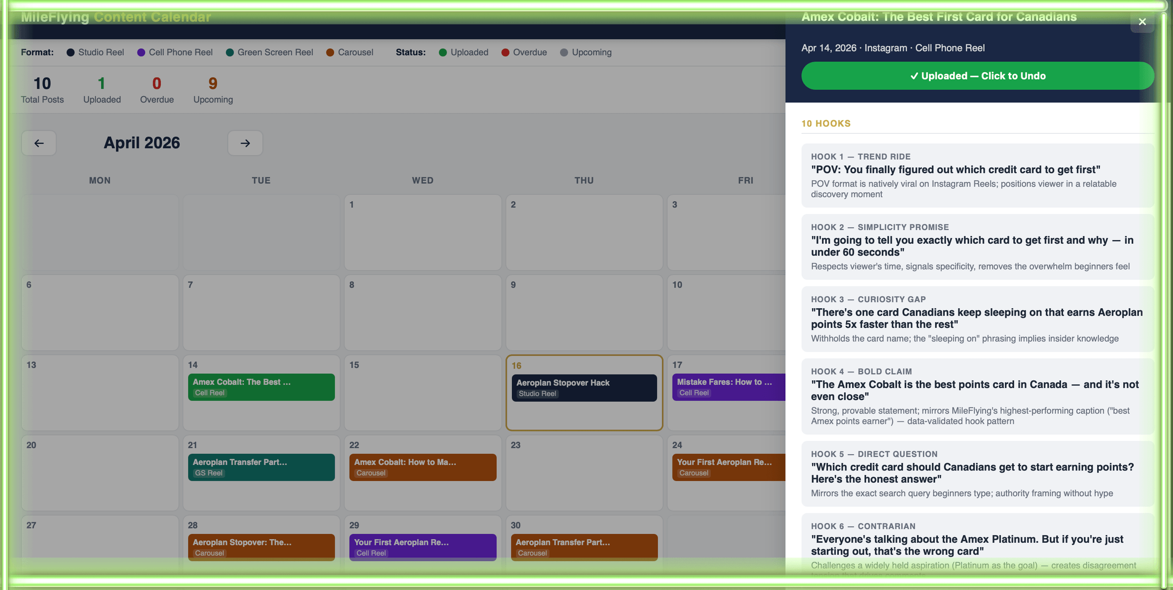 MileFlying content calendar interface showing April 2026 schedule and a panel of ten AI-generated content hooks for an Amex Cobalt Instagram Reel
