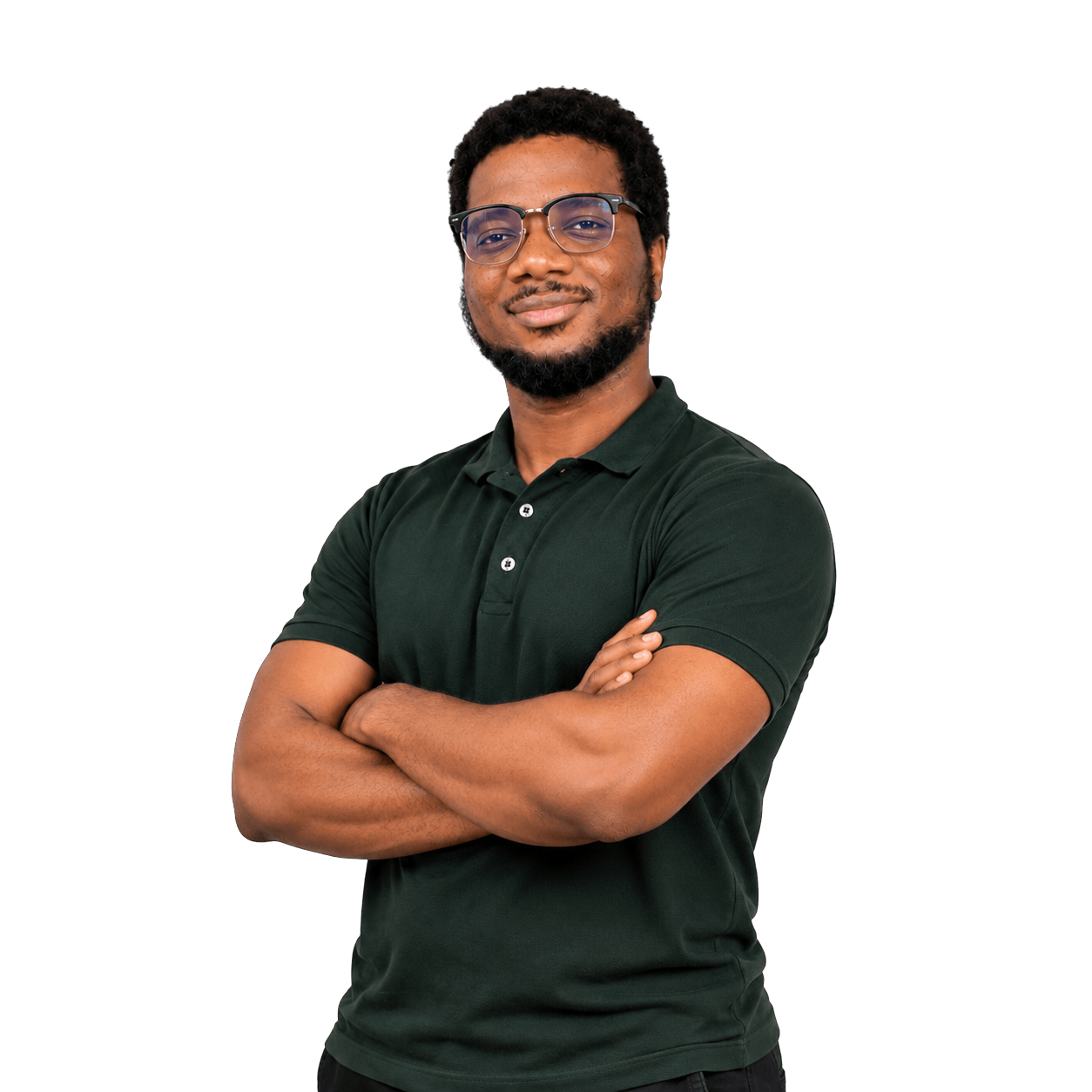 Front-facing portrait of David Akilo, AI systems engineer, standing with arms crossed