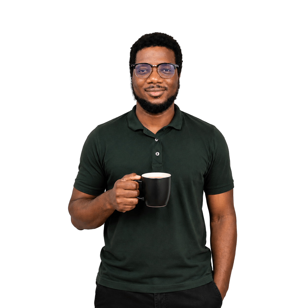 David Akilo smiling, wearing glasses and a dark green polo shirt, holding a black coffee mug