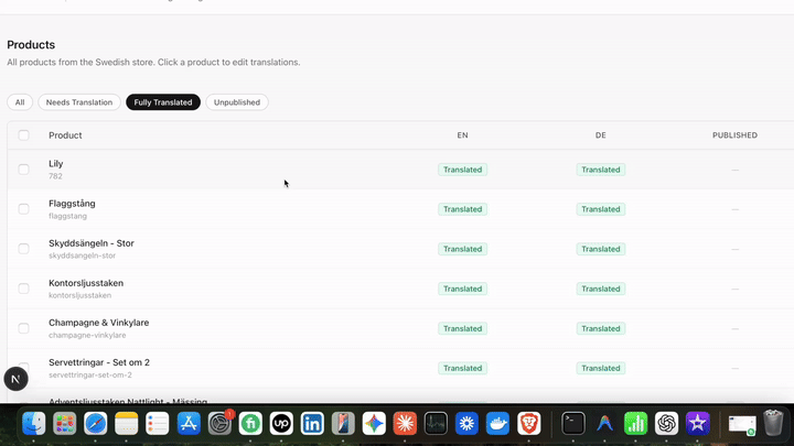 Screen recording of the Skultuna publishing and translation manager syncing product content across storefronts